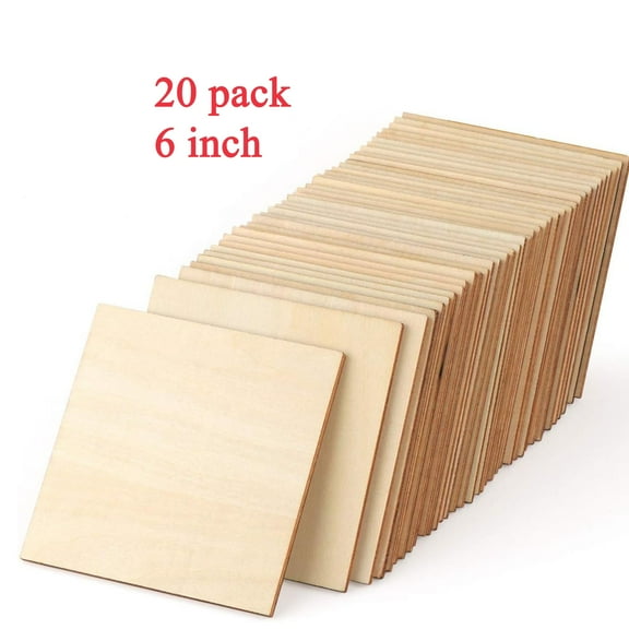 20 Pieces 6 x 6 Inches Unfinished Squares Blank Wooden Pieces Wooden Square Cutouts Wood Slices for Painting Writing Carving DIY Arts Craft Project Supplies and Decorations