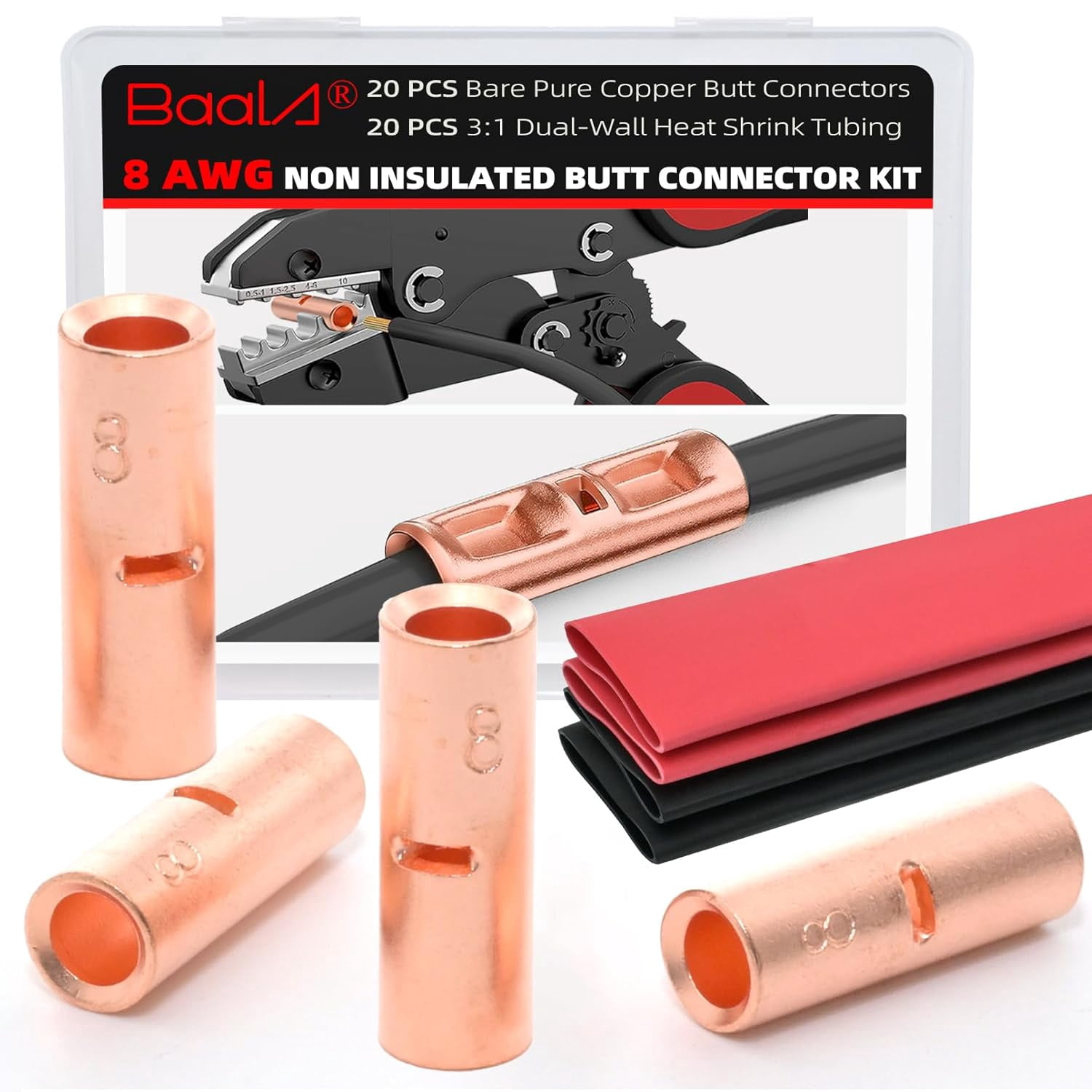20 Pieces 8 Gauge Bare Copper Uninsulated Butt Terminal Kit, 20 Pieces Seamless Barrel Crimp Butt Terminal Wire Connectors, comes with 20 Pieces 3:1 Heat Shrink Tubing
