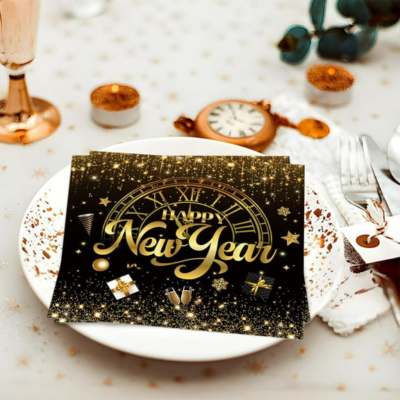 20 Pieces Black & Gold New Year Paper Napkins - Disposable Tableware for New Year's Eve Parties, Add Instant Elegance to Your Holiday Dinner/Party Table Without the Post-Party Wash
