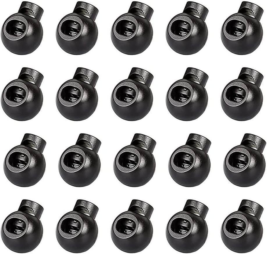 20 Pieces Black Plastic Cord Lock Ball Shape Hat Straps, Single Hole