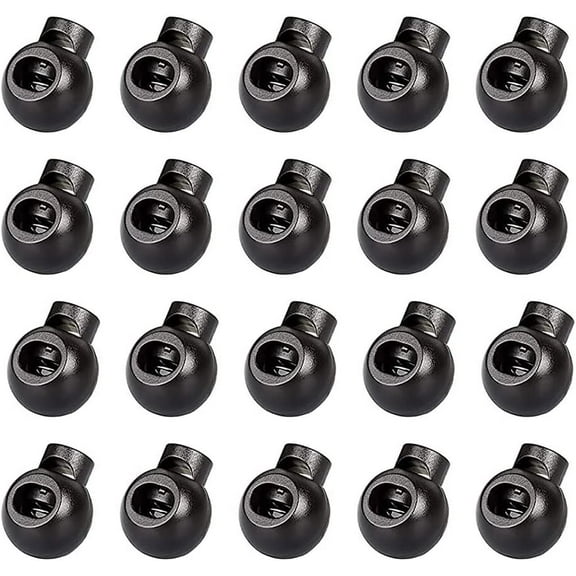 20 Pieces Black Plastic Cord Lock Ball Shape Hat Straps, Single Hole Elastic Cord Adjuster for Drawstrings, Paracords, Laces, Clothing, Bags, etc.
