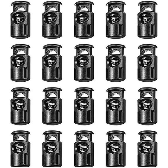 20 Pieces Black Plastic Cord Lock Cylindrical Shape, Single Hole Elastic Cord Adjuster for Drawstrings, Paracords, Laces, Clothing, Bags, etc.