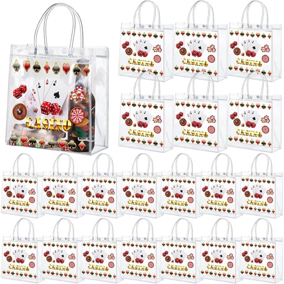 20 Pieces Casino Party Favor Gift Bags with Handles 8x8x3.15 Inch PVC Las Vegas Poker Clear Treat Bags Bulk for Casino Night Poker Events Party Supplies Birthday Wedding Decorations