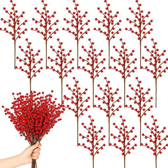 20 Pieces Christmas Artificial Berry Twigs for Christmas Tree Decoration 18 Inch Christmas Red Berry Stems Xmas Holly Berry Branches for Crafts Wreath Garland Christmas Ornaments Decor