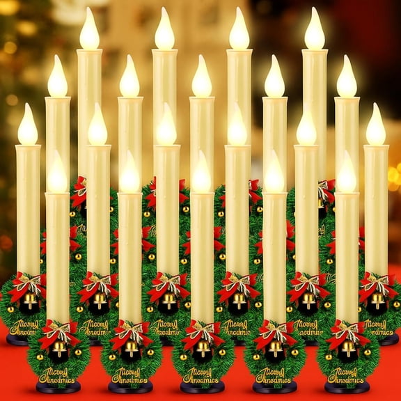 20 Pieces Christmas Window Candle Lights with Sensor Dusk to Dawn Battery Operated Flameless LED Candles with Wreath and Candle Holders Bulk for Xmas Holiday Party Decor