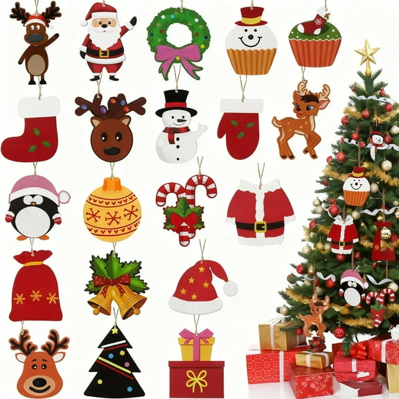 20 Pieces Christmas Wooden Ornaments Mini Christmas Tree Hanging Ornaments Rustic Vintage Decorations Santa Claus Snowman Wood Cutouts Decor for Indoor Home Party Xmas Winter (Festive Style)