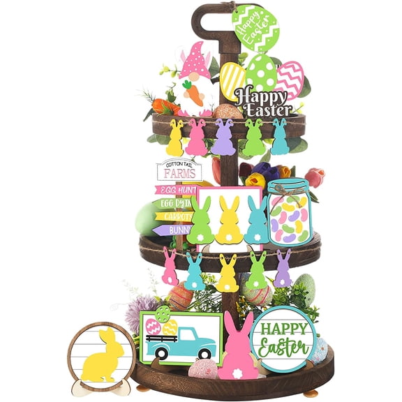 20 Pieces Easter Tiered Tray Decor Easter Decorations Rustic Gnome Bunny Rabbits Eggs Wooden Spring Sign Decorative Trays Signs for Home Table Office Kitchen Farmhouse Party Tabletop