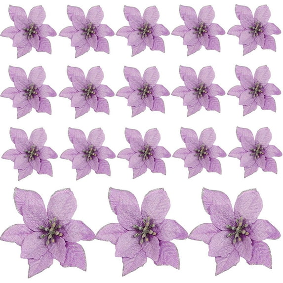 20 Pieces Glitter Christmas Tree Ornaments Artificial Wedding Christmas Poinsettia Flowers for Christmas Flowers Tree Wreaths Decor Ornament(Purple)