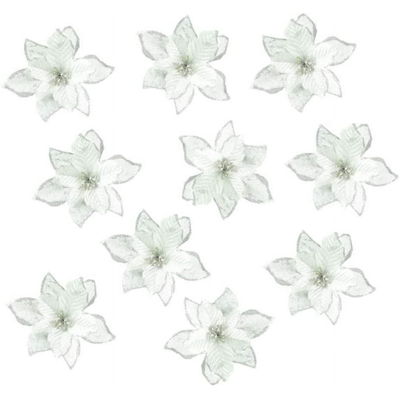 20 Pieces Glitter Christmas Tree Ornaments Artificial Wedding Christmas Poinsettia Flowers for Christmas Flowers Tree Wreaths Decor Ornament(Silver)