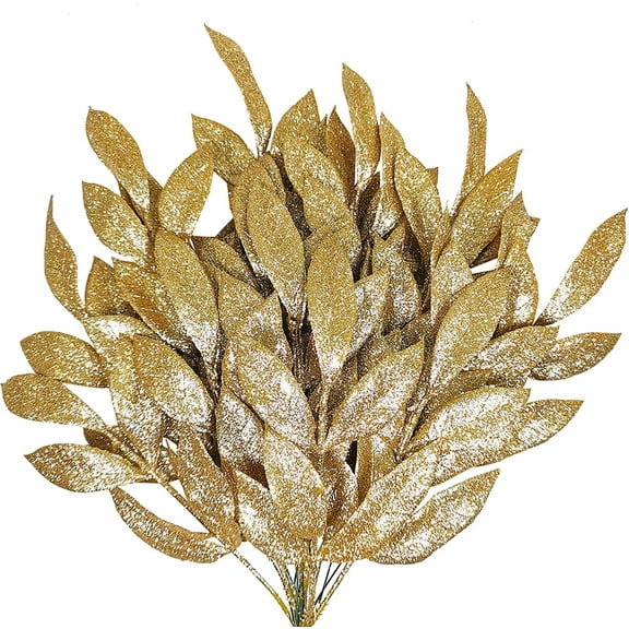 20 Pieces Gold Glittered Artificial Leaf Spray Picks 12" Tall for Christmas Winter Wedding Wreath Tree Swag Floral Arrangment Vase Bouquets Table Centerpieces Decoration