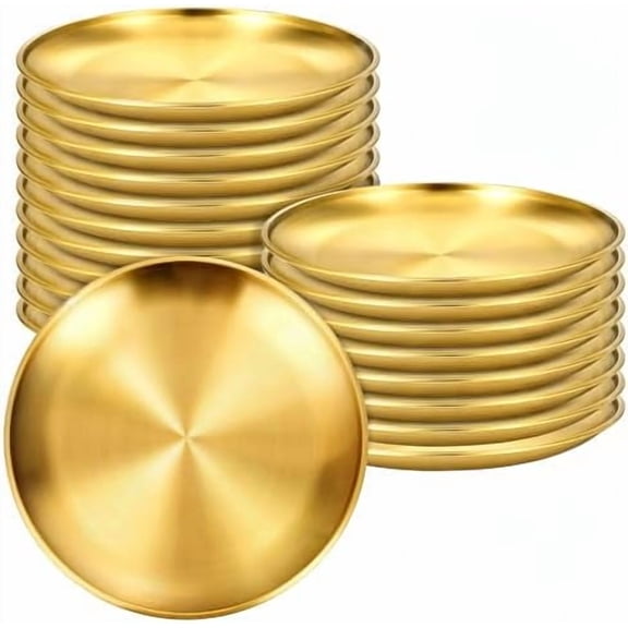 20 Pieces Gold Stainless Steel Plates, 6.5 Inch Metal Round Dinner Dishes, Reusable and Dishwasher Safe for BBQ, Salad, Snack, Desserts, Food Serving, Outdoor Camping
