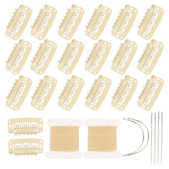20 Pieces Hair Extension Clips, Beige Wig Clip with Needles and Threads Set | U-Shaped 32 mm Stainless Steel Snap Clips for Wigs, Hair Bangs, Toppers, Toupees, Hair Extensions