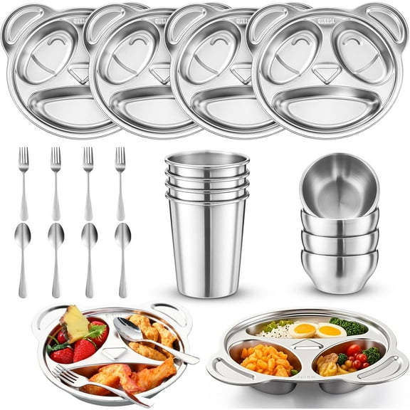 20 Pieces Kids Stainless Steel Utensils Set Include 4 Panda Shaped Plates, 4 Bowls, 4 Cups, 4 Spoons, and 4 Forks, Stainless Steel Dinnerware Set for Toddler Utensils silverware