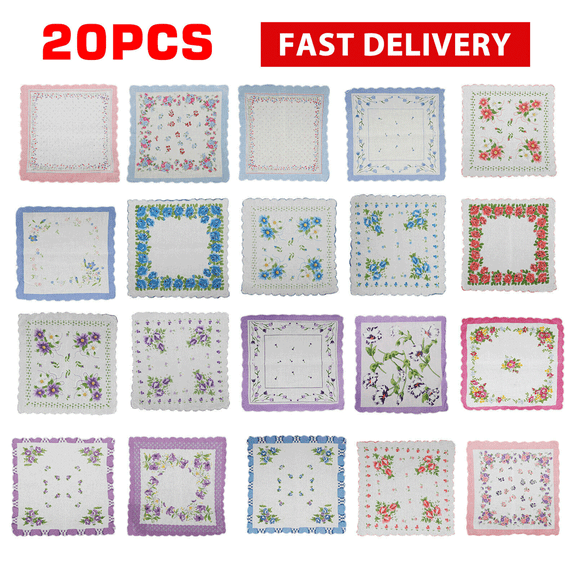 20 Pieces Lady Romantic Vintage Floral Print Colorful Handkerchiefs 100% Cotton Hankies Soft And Comfortable Sweat Absorbing Women's/lady Handkerchief Pocket