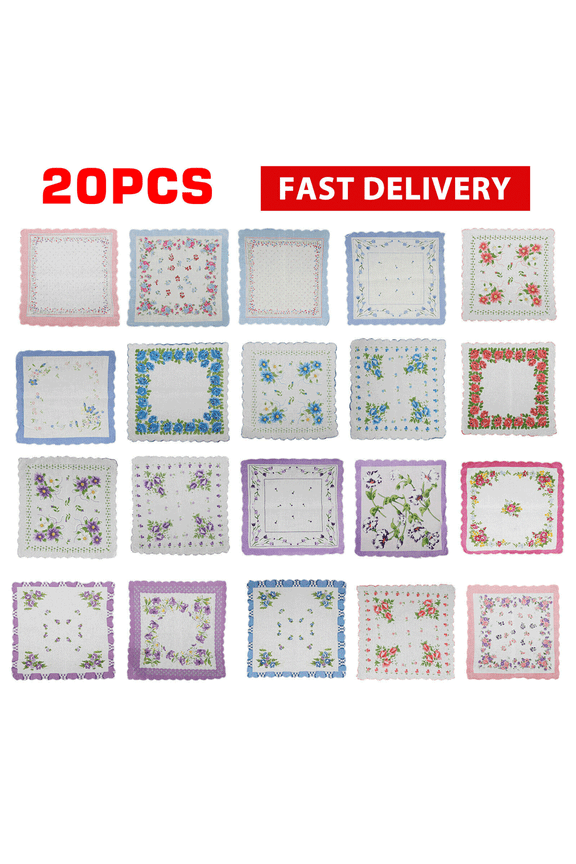 20 Pieces Lady Romantic Vintage Floral Print Colorful Handkerchiefs 100% Cotton Hankies Soft And Comfortable Sweat Absorbing Women's/lady Handkerchief Pocket
