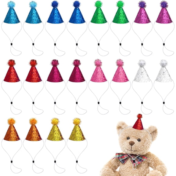 20 Pieces Mini Birthday Hats for Stuffed Animals, Tiny Cone Party Hats with Pom Poms Glitter for Small Pets, Adjustable Cat Dog Rabbit Costume Hat for Birthday, Holiday