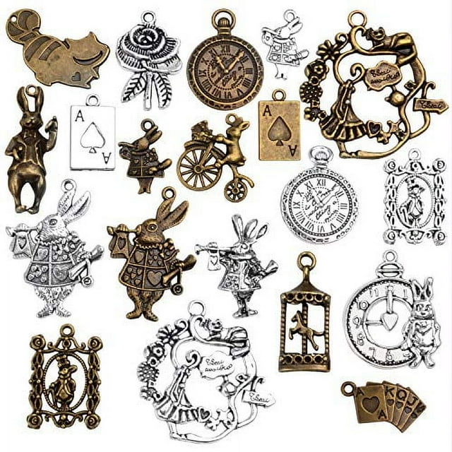 20 Pieces Mixed Alice in Wonderland Charms Alloy Rabbit Watch Teapot Pendants for Jewelry Making, Bronze and Sliver