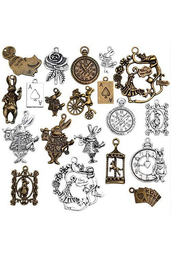 20 Pieces Mixed Alice in Wonderland Charms Alloy Rabbit Watch Teapot Pendants for Jewelry Making, Bronze and Sliver