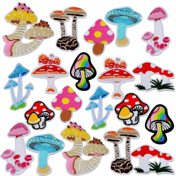 20 Pieces Mushroom Embroidered Patches Iron-on Mixed Styles Mushroom Applique Sewing Embroidery Patches for Clothes Dress Hat Pants Shoes Curtain Backpack Bags Decoration