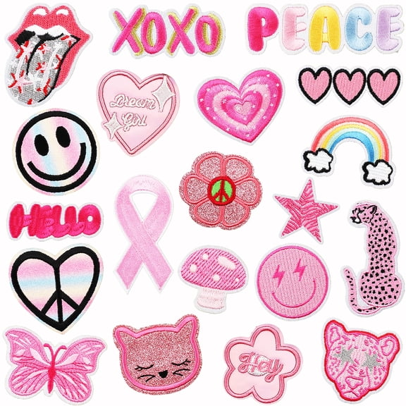 20 Pieces Pink Embroidered On Patches DIY Accessories, Bright Colors Cute Iron On Patch Applique for Clothes, Jeans, Bag, Backpack