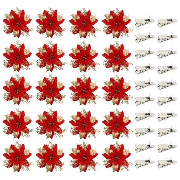 20 Pieces Poinsettia Artificial Christmas Flowers Decorations Xmas Tree Ornaments Red Glitter with Clips, 20pcs Flowers + 20pcs Clips