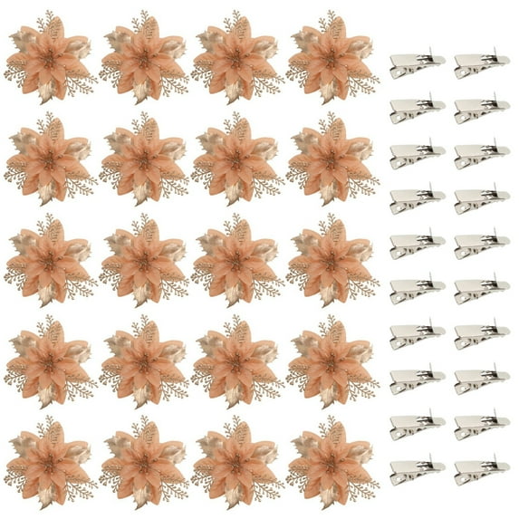 20 Pieces Poinsettia Artificial Christmas Flowers Decorations Xmas Tree Ornaments Red Glitter with Clips, 20pcs Flowers + 20pcs Clips