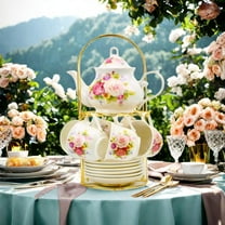 20-Pieces Porcelain Bone china Tea Sets,Gold Rim Coffee Set with Golden Metal Rack,Tea Gift Sets for Home&Party (008)