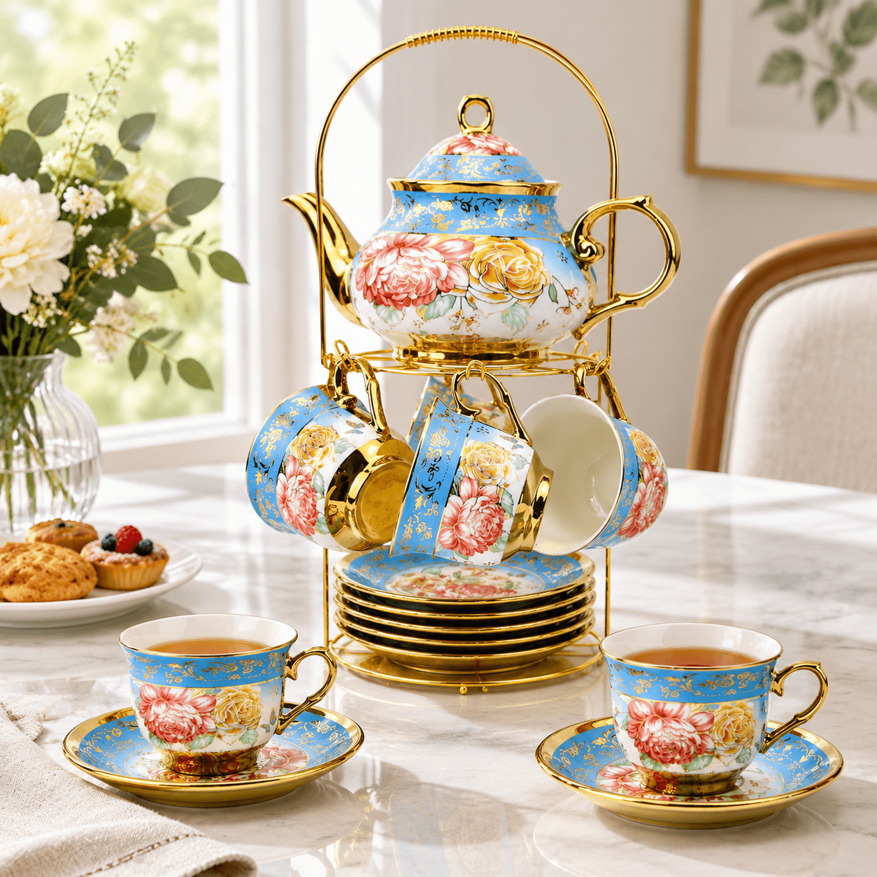 20 Pieces Porcelain Tea Set With Metal Holder An Ceramic For Adults ...