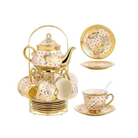 20 Pieces Porcelain Tea Set With Metal Holder, European Ceramic Tea Set For Adults,Flower Tea Set,Tea Set For Women With Flower Painting