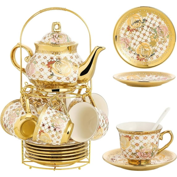 20 Pieces Porcelain Tea Set With Metal Holder, European Ceramic tea set for adults,Flower Tea Set,Tea Set For Women With Flower Painting