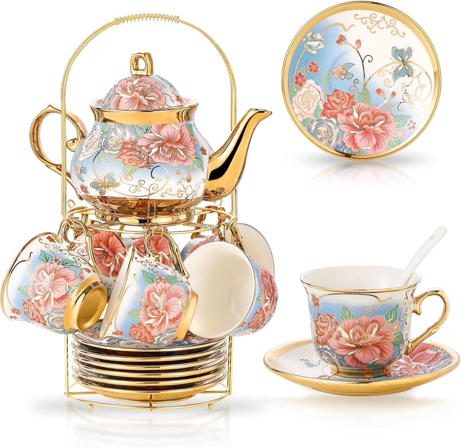 20 Pieces Porcelain Tea Set With Metal Holder European Ceramic Tea Set 20 Pieces Porcelain Tea Set With Metal Holder European Ceramic Tea Set