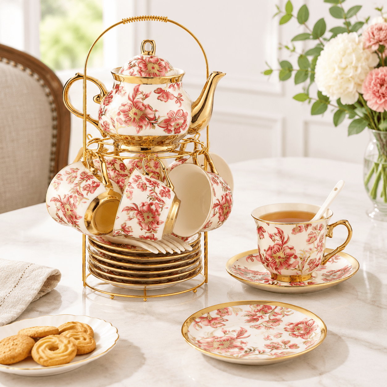 Manly Tea Set 20 Pieces Porcelain Tea Set with Metal Holder, Red Roland, Large ...