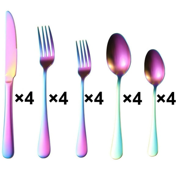20 Pieces Rainbow Color Matte Flatware Sets, Stainless Steel Cutlery Set, Serving 4 People, 4 Dinner Forks, 4 Spoons, 4 Knife, 4 Salad/Dessert Fork and 4 Dessert/Tea Spoons, Silverware Sets