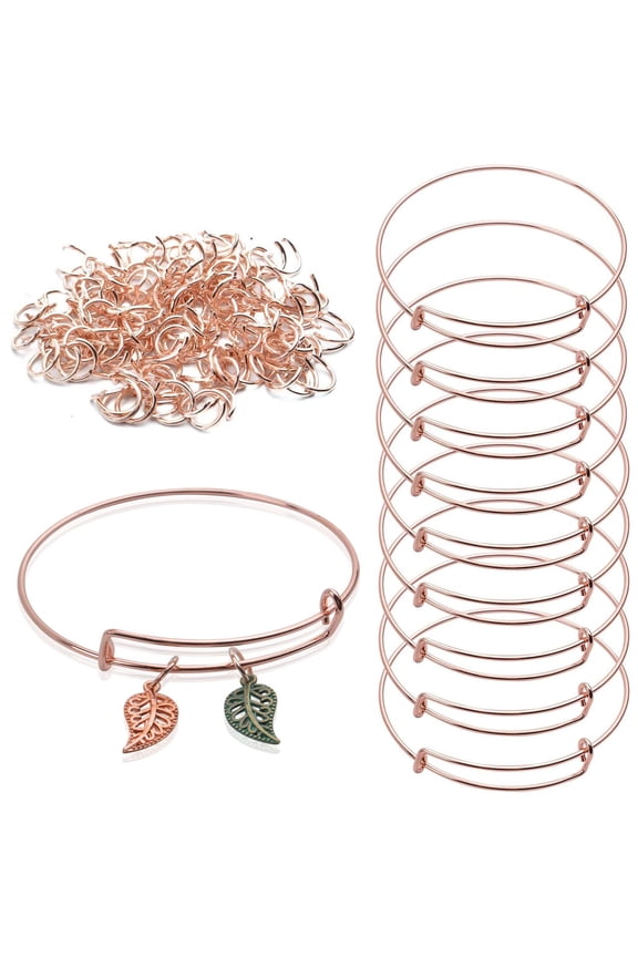 20 Pieces Rose Gold Expandable Bangles,Adjustable Wire Blank Bangle Bracelet with 100 Pieces Open Rings for Women's DIY Jewelry Making - 2.6 inch
