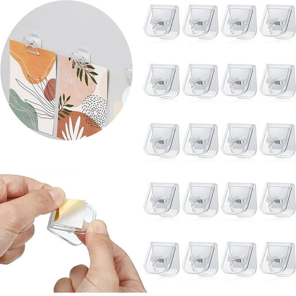 20 Pieces Self Adhesive Clips for Tapestry Hanger, Command Strip Clips for Hanging,sticky Wall Clips Small Spring Clips for Poster Photo Wall Teacher Student Home Application (Transparent)