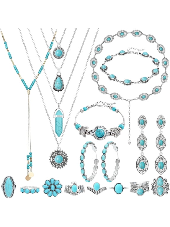 20 Pieces Silver Turquoise Jewelry Set for Women, Fashion Western Jewelry Set for Party Concert Birthday Festival