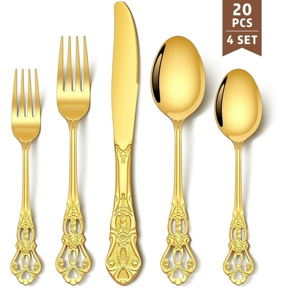 GPED 20-Pieces Silverware Set, Retro Royal Flatware Set for 4, Stainless Steel Mirror Cutlery Set, Include Forks Spoons and Knives set, Dishwasher Safe, Gold
