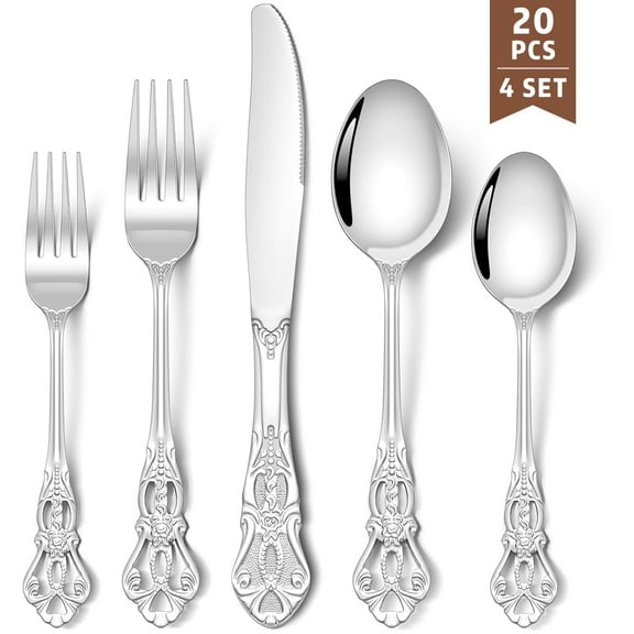 GPED 20-Pieces Silverware Set, Retro Royal Flatware Set for 4, Stainless Steel Mirror Cutlery Set, Include Forks Spoons and Knives set, Dishwasher Safe, Silver