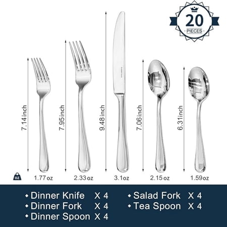 20 Pieces Silverware Set for 4, Premium Stainless Steel Flatware Set, Heavy Duty and Modern Design Cutlery Set, Mirror Polished, Dishwasher Safe