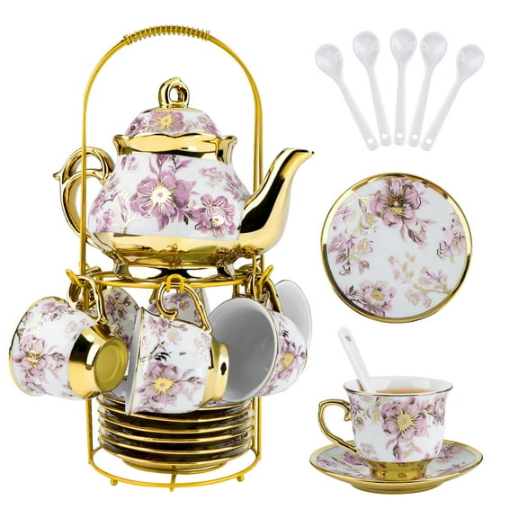 20 Pieces Tea  Service  Set with Ceramic Teapot, Tea Cup, Saucer, Tea Spoon and Metal Stand ,Afternoon Tea Set ,Gifts for Guests