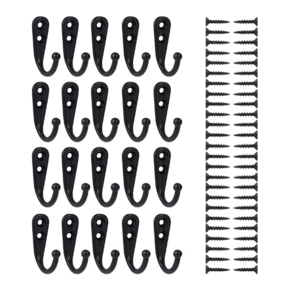 20 Pieces Wall Mounted Hook Robe Hooks Single Coat Hanger and 50 Pieces Screws (Black)