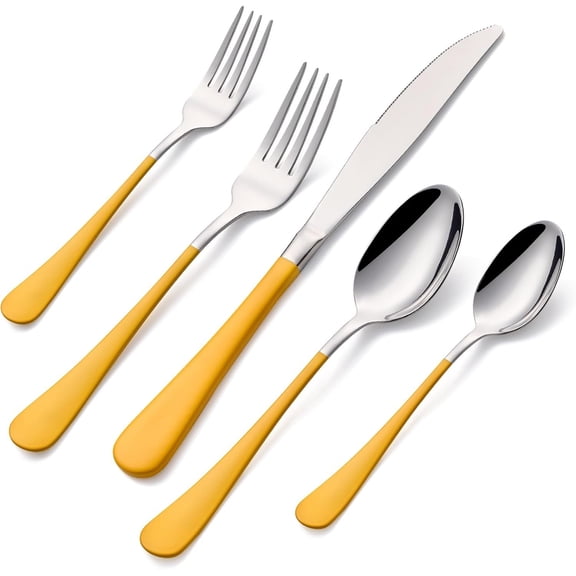 20-Pieces Yellow Silverware Sets for 4,Yellow Handle Stainless Steel Cutlery Set, Include Forks Spoons and Set, Dishwasher Safe Utensil Sets for Restaurant