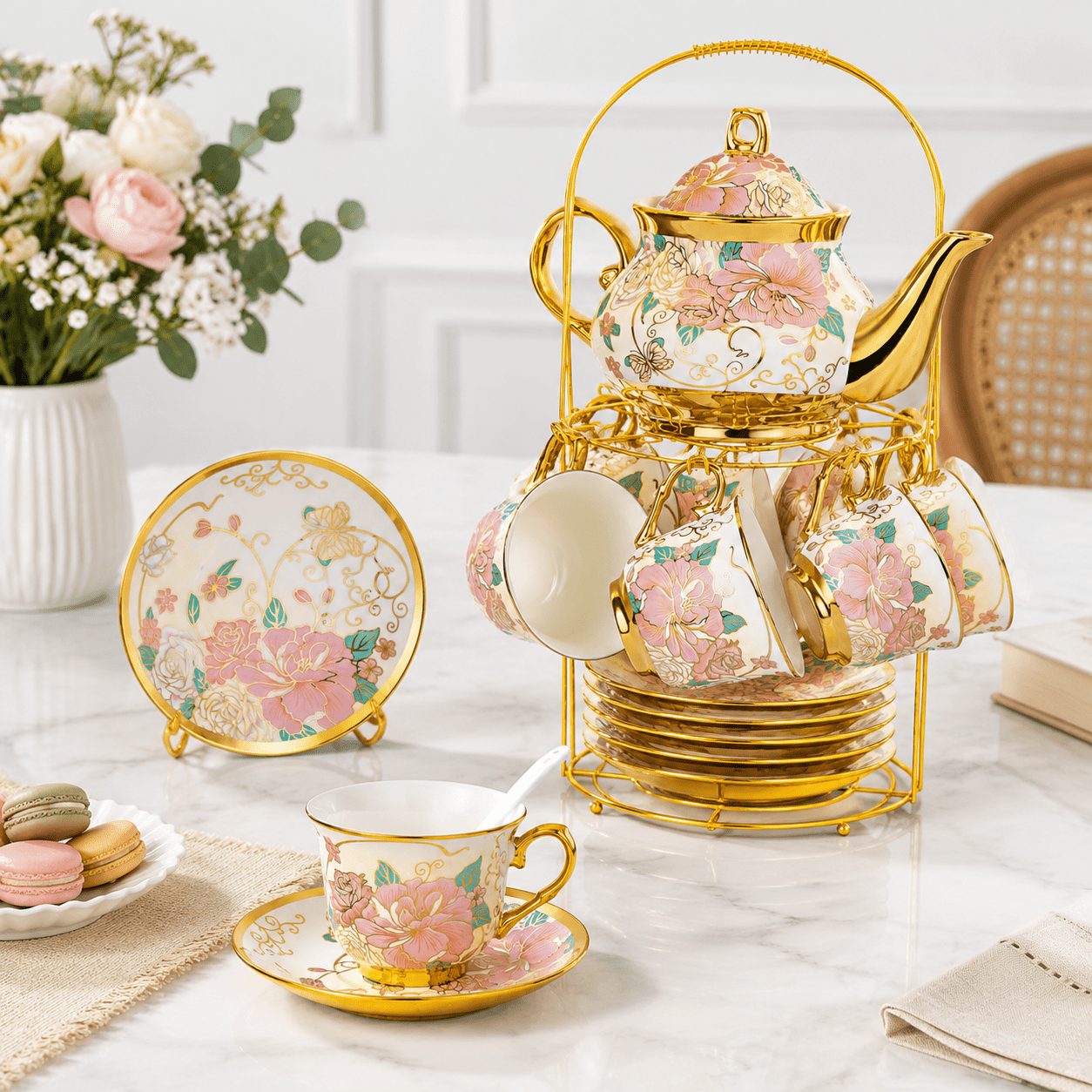 Manly Tea Set 20 Piecesan Ceramic Tea Set For Adults With Metal Holder And Flowerting ...