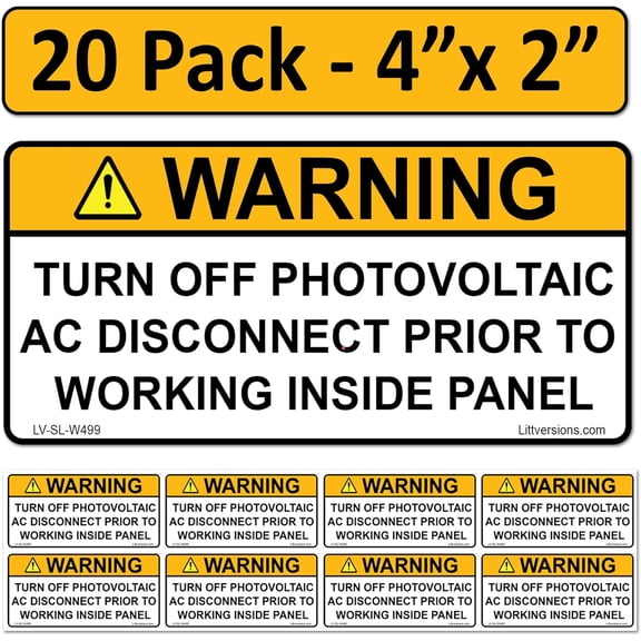 20 Pk 4.125"x 2" Solar NEC Complaint Turn off PV AC Disconnect Prior to Working Inside Panel Label