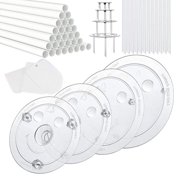 20 Plastic Cake Sticks Support Rods and 12 Clear Cake Stacking Dowels with 4 Cake Separator Board for 4, 6, 8, 10 Inch Cakes and 3 Pieces Cake Scrapers-Plastic Cake Dowel Rods Set