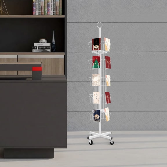 20 Pockets Card Display Stand with Wheels, 5 Tier Metal Postcard Holder, 360 Spinning Floor Stand for Postcard Sticker Holiday Gift Card