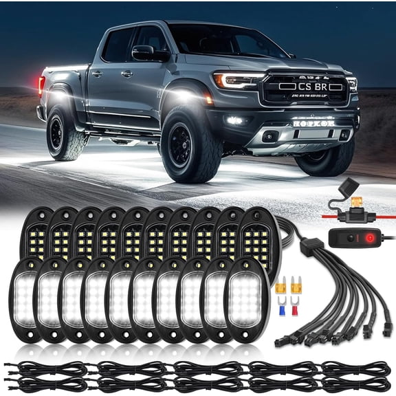 20 Pods Pure White  Rock Lights with Extension Wires, IP67  6500K  Bright White Underglow Kit for Semi  Sedans Trailer Offroad Pickup RV  Bus Under  Lighting