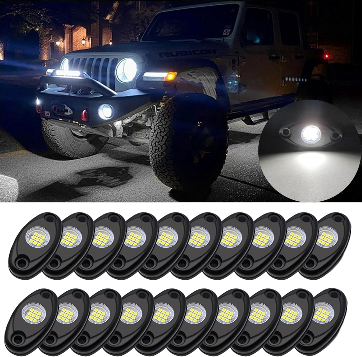 20 Pods White Rock Lights, Aluminium Metal LED Under Glow Lights with 6500K Pure White, Rubber Mounting Pads, IP67 Waterproof Rock Lights for Trucks Trailer Cars SUV ATV UTV Boats