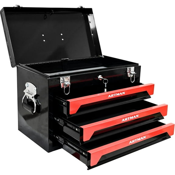 20" Portable 3 Drawer Steel Toolbox, 4 Layers of Tools with Metal Latches, with Top Storage Tray and Carrying Handle, Multi-Function Tool Storage for Garage, Home,or Workbench