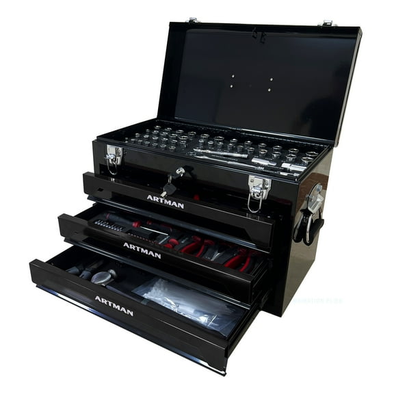 20'' Portable 3-Drawer Steel Toolbox, 4 Layers of Tools with Metal Latches, with Top Storage Tray and carrying Handle, Multi-Function Tool Storage for Garage, Home, or Workbench,Black